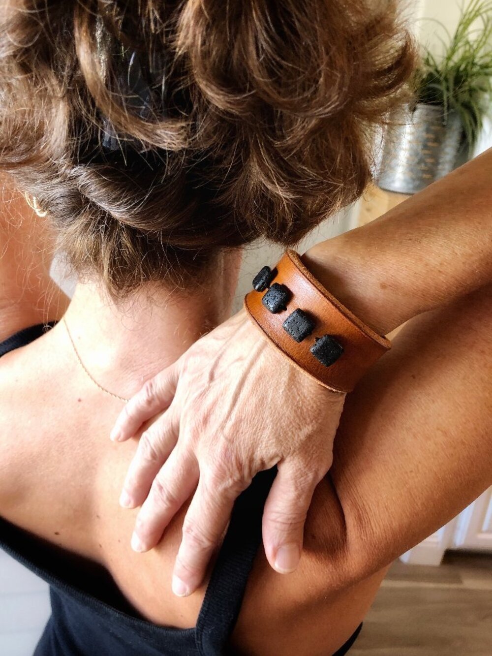 MishaGirl Handmade Leather Cuff Bracelet with Lava Stone Beads